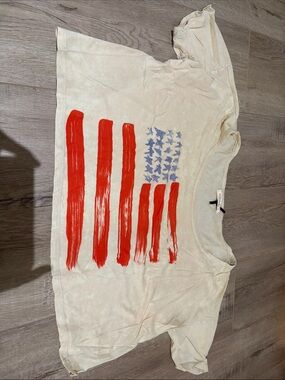 Cream Crop Top with Red Brushstroke Flag Graphic